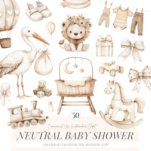 Watercolor Neutral Baby Clipart | Boho Baby Shower Clipart | Beige Nursery Clipart | New Born | Gender Neutral | Nursery PNG | 50 PNG