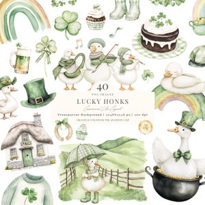 Può includere: Illustrazioni ad acquerello a tema San Patrizio. Include anatre con strumenti musicali, trifogli, un arcobaleno, un cottage e il testo "LUCKY HONKS". I colori sono verde e bianco.