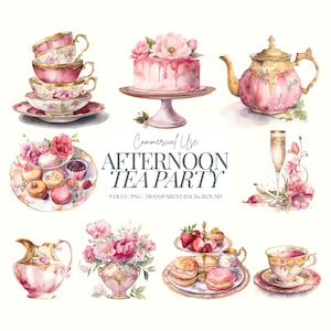 Roze Afternoon Tea-clipart | Theepot, png PNGEgg | Antieke High Tea | Clipartpakket vrijgezellenfeest | Aquarel | Taart | Champagne | Theekopjes | 9 png