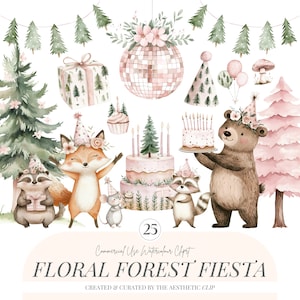 Clipart Woodland bohème rose | Clipart anniversaire Woodland | Animaux de la forêt rose | Baby Shower Woodland | Clipart anniversaire fille | 25 PNG