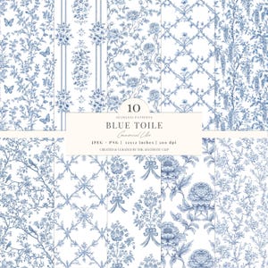 Papel digital Toile azul / Estampado floral azul / Toile francés sin costuras / Descarga digital / Papel chinoiserie / Álbum de recortes / 10 JPEG / PNG