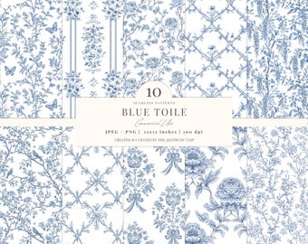 Blue Toile Digital Paper | Blue Floral Pattern | French Toile Seamless | Digital Download | Chinoiserie Paper | Scrapbook | 10 JPEG | PNG