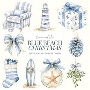Clipart Noël côtier | Noël océan PNG | Noël à la plage PNG | Clipart nautique | Aquarelle de Noël sur la plage | Noël en juillet | 9 PNG