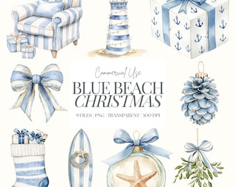 Coastal Christmas Clipart | Ocean Christmas PNG | Beach Christmas PNG | Nautical Clipart | Watercolor Beach Xmas | Xmas In July | 9 PNG