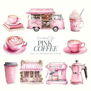 Kaffee Clipart | Rosa Kaffee PNG | Aquarell Café | Rosa Cafe | Herz Latte | Kaffee Van | Frappe | Espressomaschine | Moka Kanne | 9 PNG