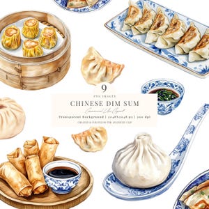 Dim sum-clipart |  Knoedels, png PNGEgg | Aquarel Chinees eten | Chinees nieuwjaarsvoedsel | Loempia's | Bao-broodjes | Wonton | Sojasaus | 9 png