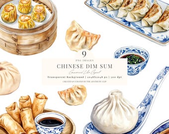 Dim Sum Clipart |  Dumplings PNG | Watercolor Chinese Food | Chinese New Year Food | Spring Rolls | Bao Buns | Wonton | Soy Sauce | 9 PNG