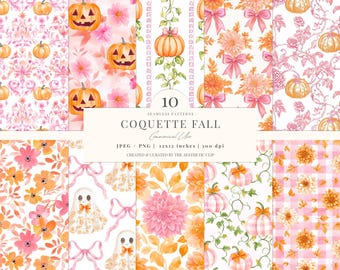 Roze herfst naadloos patroon | Preppy digitaal herfstpapier | Kokerpompoen | Bloemen herfst | Naadloos meisjesachtig | Geest | 10 JPEG | png