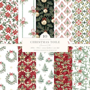 Patrón de toile navideño / Papel digital navideño vintage / Patrón navideño sin costuras / Rojo y verde / Sin costuras / 10 JPEG / PNG