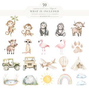 K&ouml;nnte beinhalten: Aquarell-Cliparts mit Safari-Tieren, Fahrzeugen und Naturelementen. Enth&auml;lt Affen, Gorillas, ein Warzenschwein, Erdm&auml;nnchen, Flamingos, Jeeps, ein Flugzeug, einen Hei&szlig;luftballon, ein Tipi und mehr. Der Text oben lautet "59 commercial use clipart".