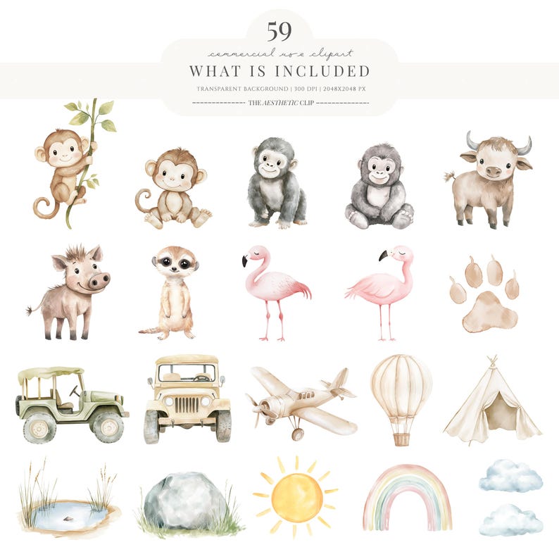 K&ouml;nnte beinhalten: Aquarell-Cliparts mit Safari-Tieren, Fahrzeugen und Naturelementen. Enth&auml;lt Affen, Gorillas, ein Warzenschwein, Erdm&auml;nnchen, Flamingos, Jeeps, ein Flugzeug, einen Hei&szlig;luftballon, ein Tipi und mehr. Der Text oben lautet "59 commercial use clipart".