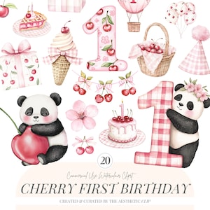 Primo compleanno di Cherry / Panda carino / Clipart di Cherry / Baby Shower con bacche dolci PNG / Ciliegie / Cherry One / Berry First / 20 PNG