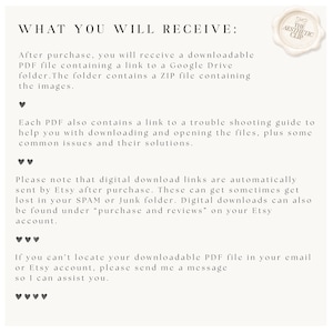 K&ouml;nnte beinhalten: Cremefarbenes Dokument mit dem Text &bdquo;WHAT YOU WILL RECEIVE:&ldquo; und einer Beschreibung von herunterladbaren Dateien und Links. Enth&auml;lt ein Logo in der oberen rechten Ecke und dekorative Herzen.