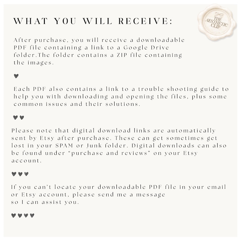 K&ouml;nnte beinhalten: Cremefarbenes Dokument mit dem Text &bdquo;WHAT YOU WILL RECEIVE:&ldquo; und einer Beschreibung von herunterladbaren Dateien und Links. Enth&auml;lt ein Logo in der oberen rechten Ecke und dekorative Herzen.