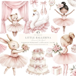 Clipart di ballerina ad acquerello / Lago dei cigni rosa PNG / Clipart di ballerina / Compleanno di balletto rosa / Coniglietto / Tutù / Orso / Scarpette da ballo / 45 PNG