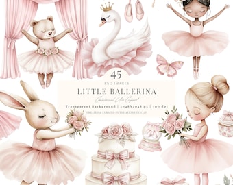 Clipart di ballerina ad acquerello / Lago dei cigni rosa PNG / Clipart di ballerina / Compleanno di balletto rosa / Coniglietto / Tutù / Orso / Scarpette da ballo / 45 PNG