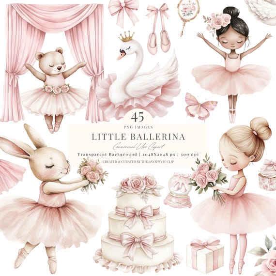Watercolor Ballerina Clipart | Pink Swan Lake Png | Ballerina Clipart | Pink Ballet Birthday | Bunny | Tutu | Bear | Ballet Shoes | 45 PNG