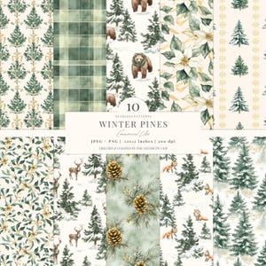 Winter Seamless Pattern | Rustic Christmas Digital Paper | Snowy Woodland Patterns | Mistletoe | Bear | Deer | Fox | Pines | 10 JPEG | PNG