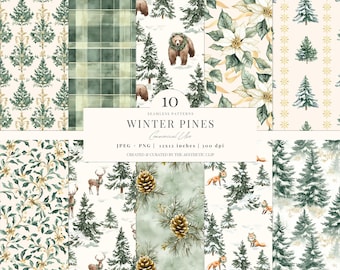 Winter Seamless Pattern | Rustic Christmas Digital Paper | Snowy Woodland Patterns | Mistletoe | Bear | Deer | Fox | Pines | 10 JPEG | PNG