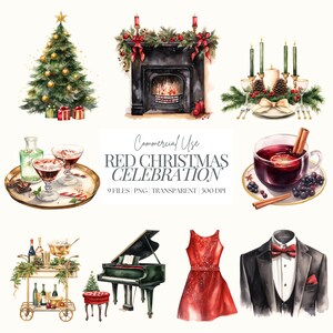 Czerwony świąteczny klipart | Xmas PNG | Tradycyjne Boże Narodzenie | Zestaw na przyjęcie świąteczne | Choinka | Koktajle | Sukienka | Wózek barowy | 9 PNG