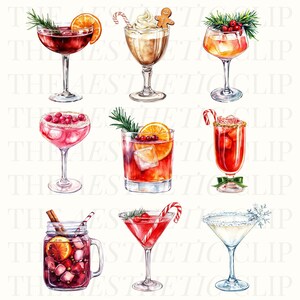 May include: Nine different holiday-themed cocktails, including a red wine sangria, a white chocolate peppermint drink, a cranberry margarita, a red sangria in a mason jar, a red cosmo, a white cosmopolitan, a red rum, a whiskey sour, and a cranberry orange drink.