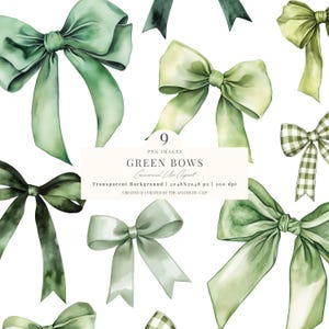Green Bows Clipart | Watercolor Bows | Coquette Bows Clipart | Green Ribbon PNG | St. Patrick's Day Bows | Bow Sublimation | 9 PNG