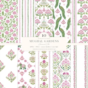 Indian Block Print Inspired Digital Paper |  Mughal Garden Patterns | Pink | Elephant | Peacock | Floral | Scrapbooking | 10 JPEG | PNG