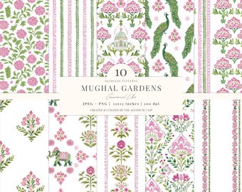 Indian Block Print Inspired Digital Paper |  Mughal Garden Patterns | Pink | Elephant | Peacock | Floral | Scrapbooking | 10 JPEG | PNG