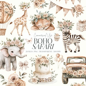 Clipart de safari boho / Baby Shower de safari / Guardería de la jungla PNG / Safari neutro / Selva boho / Animales bebés PNG / 21 PNG
