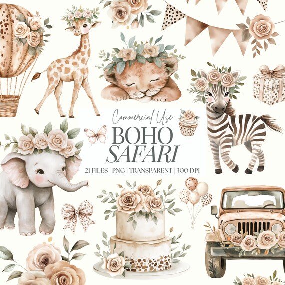 Boho Safari Clipart | Safari Baby Shower | Jungle Nursery PNG | Neutral Safari | Boho Jungle | Baby Animals PNG | 21 PNG