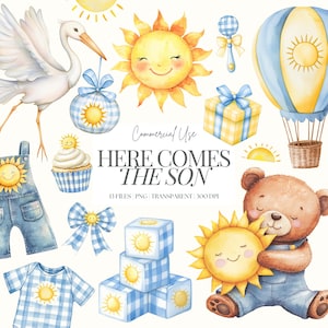 Aquí viene el hijo Clipart / Baby Shower de niño PNG / Baby Shower de sol PNG / Primer viaje alrededor del sol Clipart / Sol lindo / 13 PNG