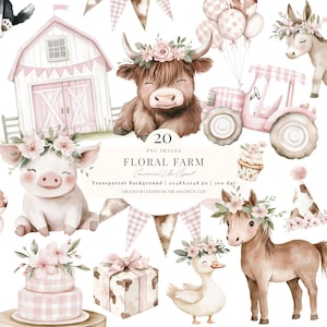 Clipart de granja rosa / Lindos animales de granja PNG / Baby Shower de corral / Descarga digital / Decoración de cumpleaños de granja para niña / Granja de primavera / 20 PNG