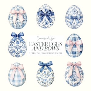 Clipart de huevo de Pascua / PNG de Pascua de Toile / Huevos de Pascua preppy / Huevos de Pascua y lazos de Toile azul / Lazos / Pascua grandmillenial / Lazos / 9 PNG