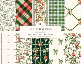 Apfel Muster | Rustikales Herbstpapier | Digitales Scrapbooking Papier | Gemütliche Herbst Designs | Cottagecore Herbst | 10 JPEG | PNG