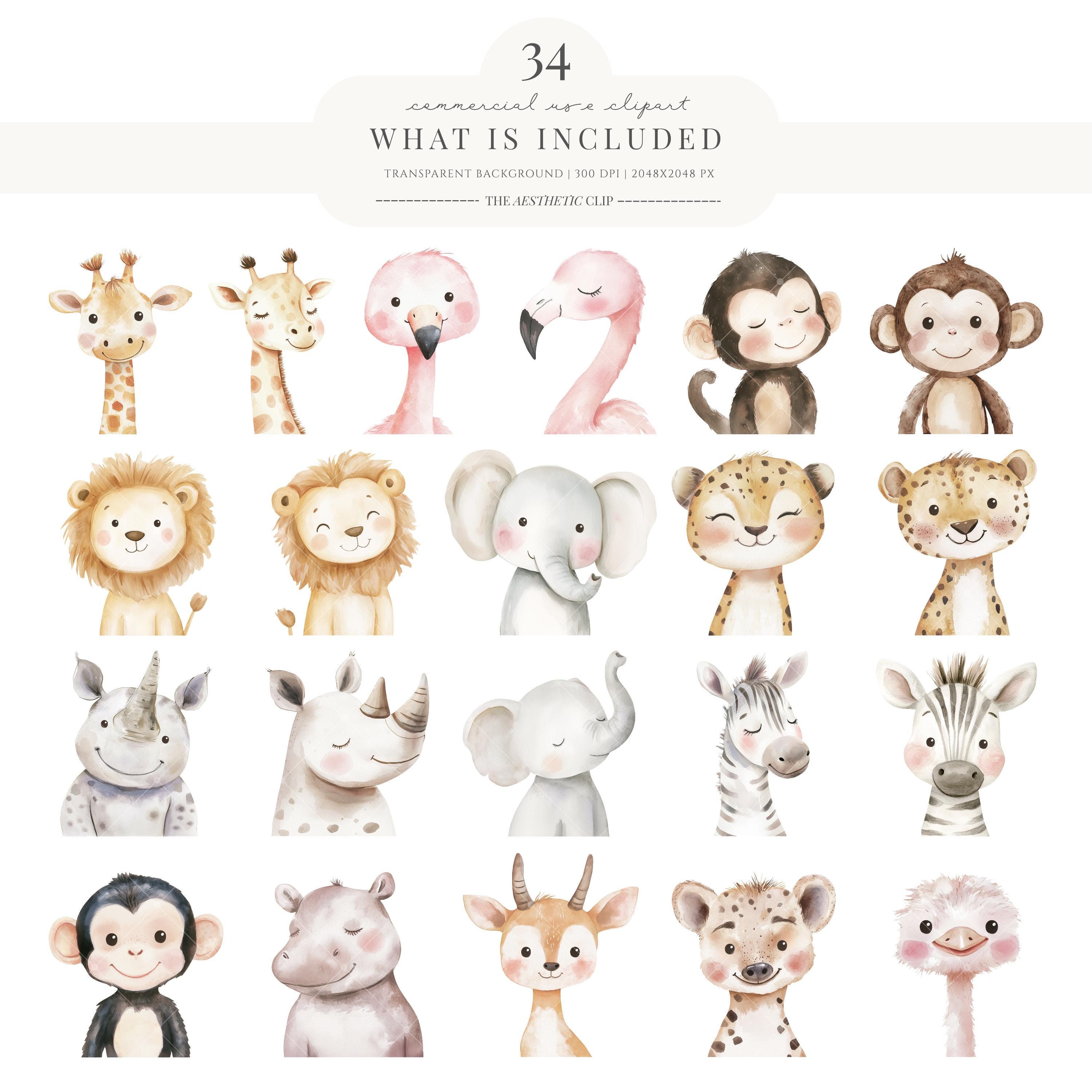 Safari Portraits Clipart | Wild Birthday Watercolour | Jungle Baby ...