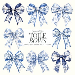 Lazos de toile azul Clipart / Lazos de acuarela / Lazos azules Clipart / Lazo coqueto PNG / Lazo chinoiserie / Lazo sublimado / 9 PNG