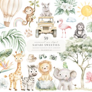 K&ouml;nnte beinhalten: Aquarell-Clipart-Set mit Safari-Tieren, darunter eine Giraffe, ein Zebra, ein L&ouml;we und ein Elefant. Das Bild enth&auml;lt auch einen Jeep, einen Hei&szlig;luftballon und den Text "Safari Sweeties". Die Illustrationen sind in sanften Pastellfarben gehalten.
