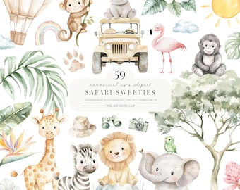 Safari Clipart | African Jungle Watercolour | Wild Baby Shower | Children's Clipart | 59 PNG