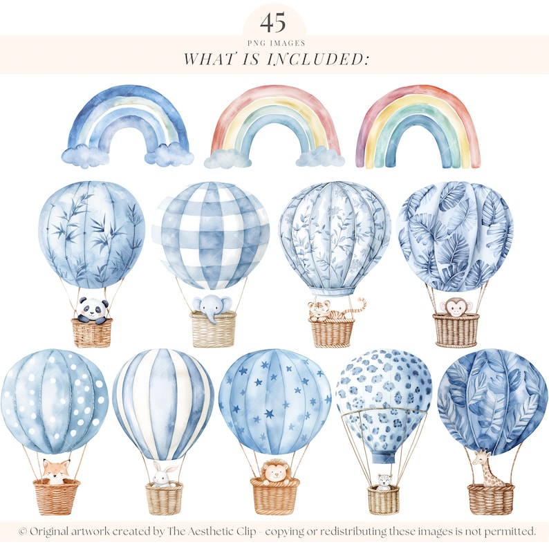 Blue Nursery Clipart | Watercolor New Baby Clipart | Blue Baby Shower Clipart | Blue Plane | Baby Boy PNG | Hot Air Balloon Clipart | 45 PNG image 4