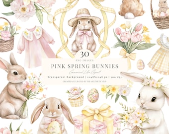 Clipart lapin de printemps | Pâques rose PNG | Baby Shower Lapin | Lapins coquette | Fleurs | 30 PNG