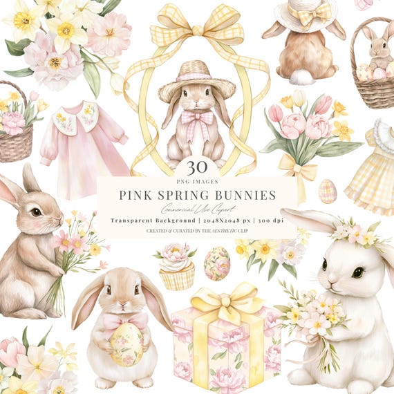 Spring Bunny Clipart | Pink Easter PNG | Rabbit Baby Shower | Coquette Bunnies | Floral | 30 PNG