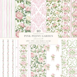 Carta digitale floreale / Motivo Grandmillenial / Peonie / Fiocchi / Carta senza cuciture / Cottagecore / Pastello / Rosa / Album di ritagli / 10 JPEG / PNG