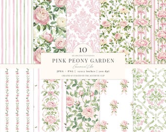 Floral Digital Paper | Grandmillenial Pattern | Peonies | Bows | Seamless Paper | Cottagecore | Pastel | Pink | Scrapbook | 10 JPEG | PNG