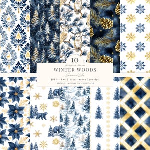 Winter Seamless Pattern | Blue Christmas Digital Paper | Snowy Woodland Patterns | Snowflake | Bear | Pines | 10 JPEG | PNG
