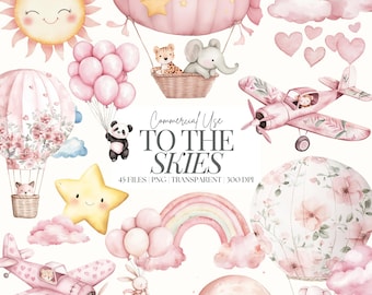 Pink Nursery Clipart | Watercolor New Baby Clipart | Pink Baby Shower Clipart | Pink Planes | Pink Safari | Hot Air Balloon Clipart | 45 PNG