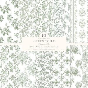 Papier numérique toile verte | Motif floral vert | Toile de juoy française | Sans couture | Téléchargement numérique | Album | 10 JPEG | PNG