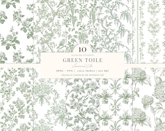Green Toile Digital Paper | Green Floral Pattern | French Toile De Juoy | Seamless | Digital Download | Scrapbook | 10 JPEG | PNG