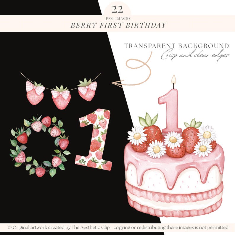 Primo compleanno di bacche / PNG trasparente / Clipart di fragole / Baby shower dolce con bacche Png / Fragole / Ragazza fragola / 22 PNG immagine 5