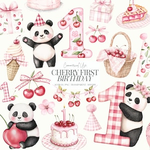 Premier anniversaire de cerise | Panda mignon | Clipart cerise | Baby Shower png | Cerises | Cerise One | Les petits fruits d'abord | 20 PNG