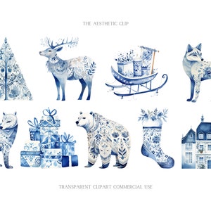 Scandinavian Christmas Clipart | Folk Art Christmas PNG | Nordic Woodland | Blue Christmas Clipart | Fox | Polar Bear | Deer | Presents